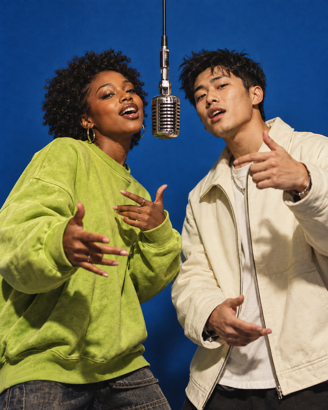 Concept artwork of two fictional adult performers in a blue recording studio.